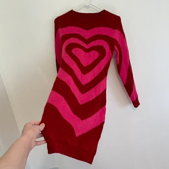 SHEIN Allurite Heart Pattern Round Neck Sweater Dress Pink Red Fitted Bodycon - Picture 9 of 14